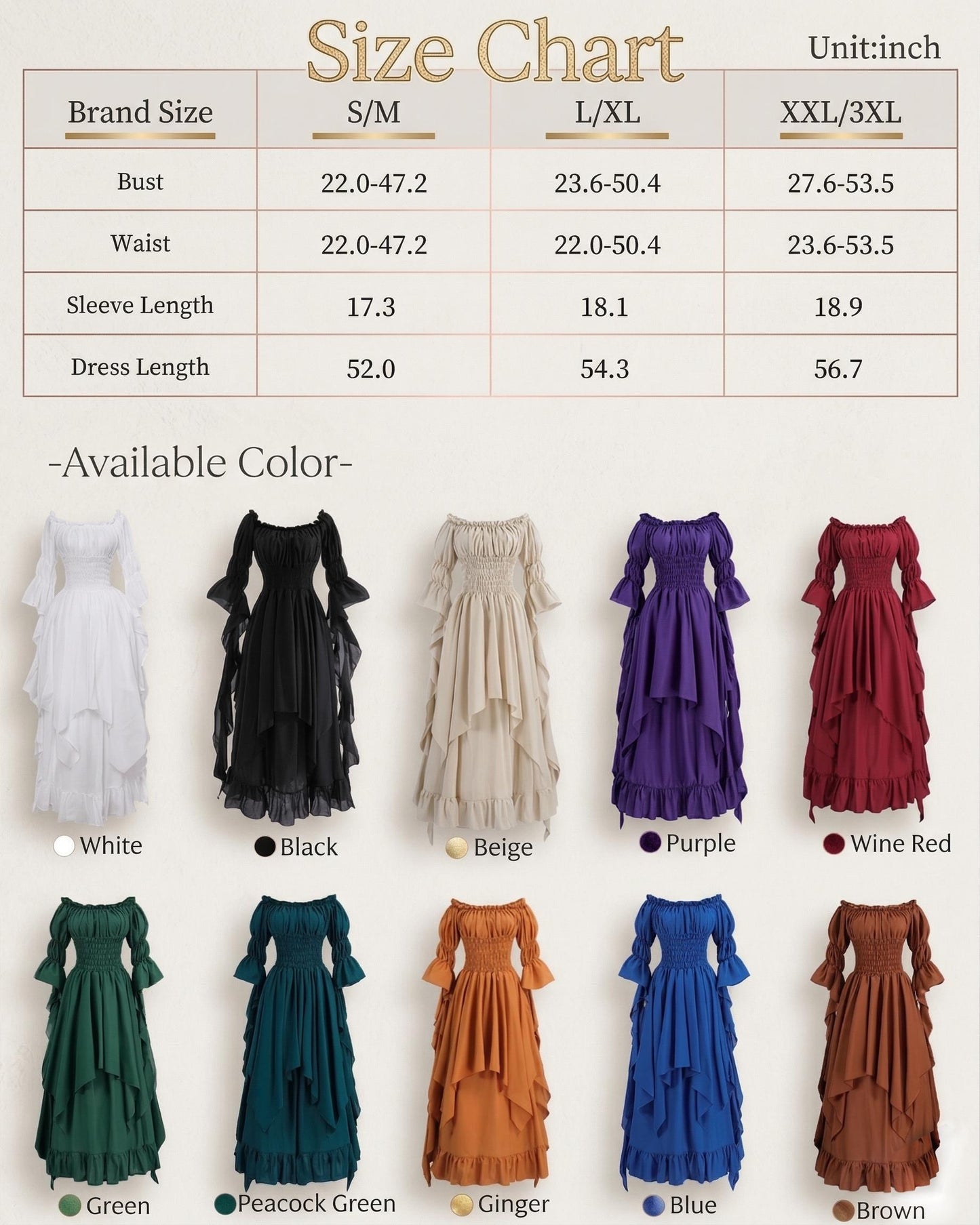 Renaissance Dress Women, Medieval Off Shoulder Maxi Gown, Fairy Smocked Waist Skirt, Pirate Steampunk Costume, Victorian Cottagecore Dress