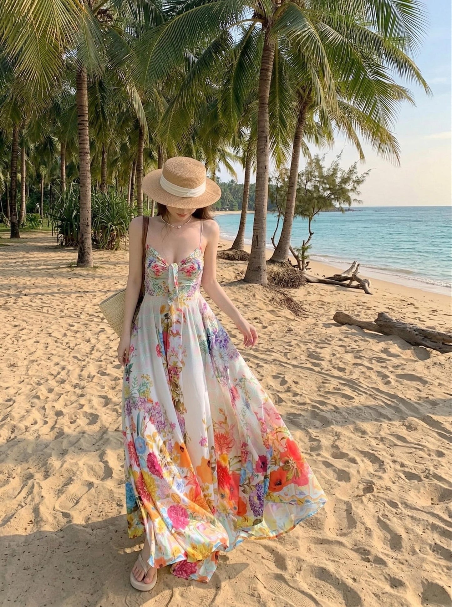 Lush Floral Maxi Dress, Summer Vacation Boho Spaghetti Strap, Beach Wedding Sundress