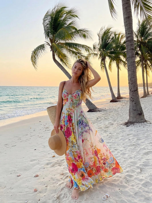 Lush Floral Maxi Dress, Summer Vacation Boho Spaghetti Strap, Beach Wedding Sundress