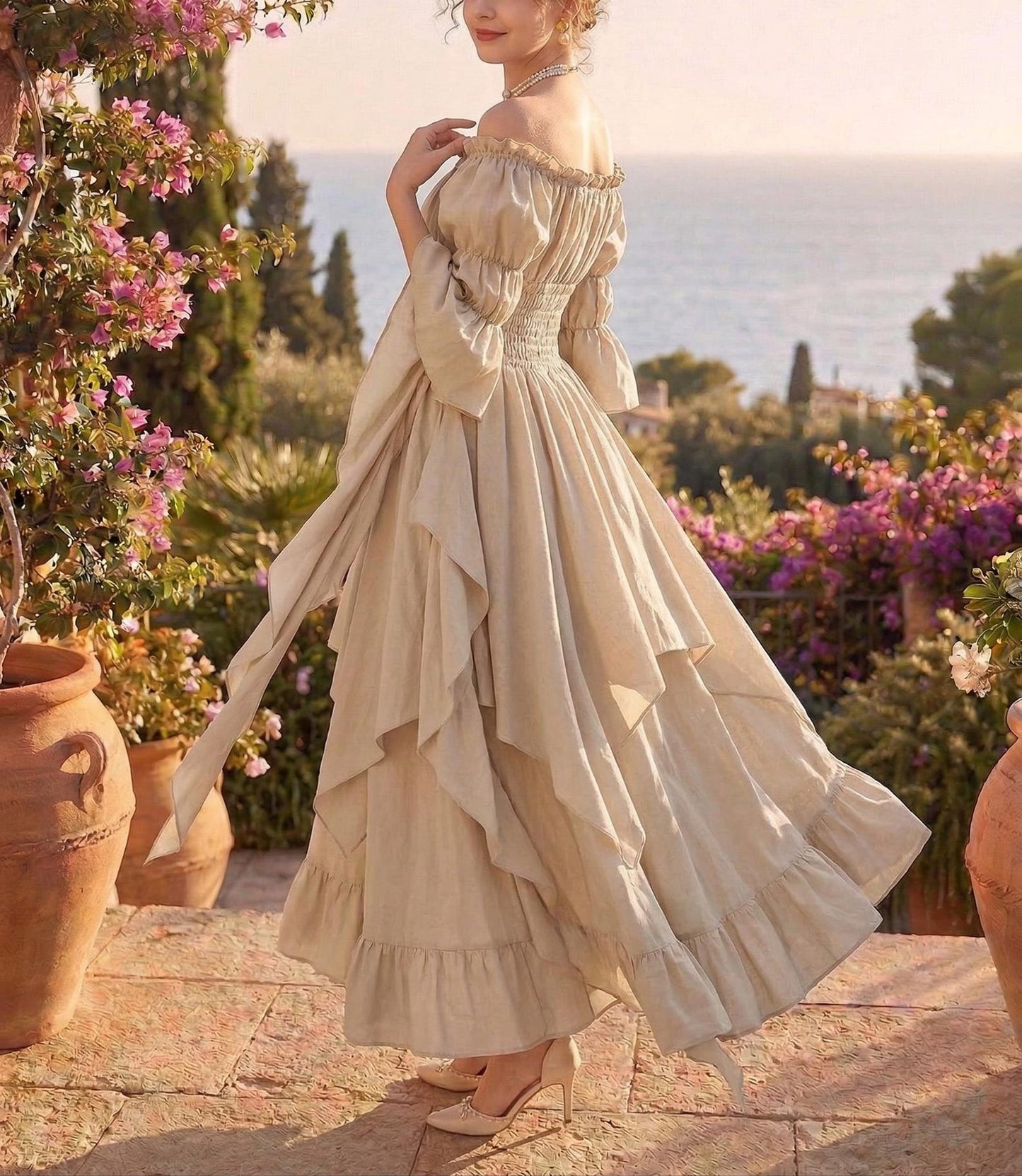 Renaissance Dress Women, Medieval Off Shoulder Maxi Gown, Fairy Smocked Waist Skirt, Pirate Steampunk Costume, Victorian Cottagecore Dress