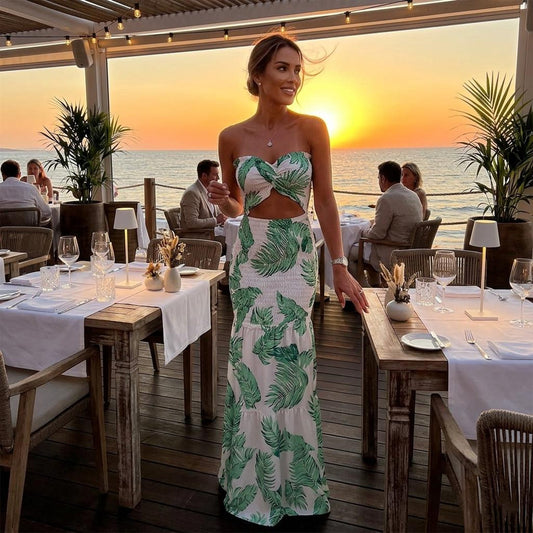Boho Tropical Floral Maxi Dress, Sleeveless High Waisted Beach Party Outfit, Elastic Bodycon Vacation Dress,Elegant Palm Leaf Print Sundress