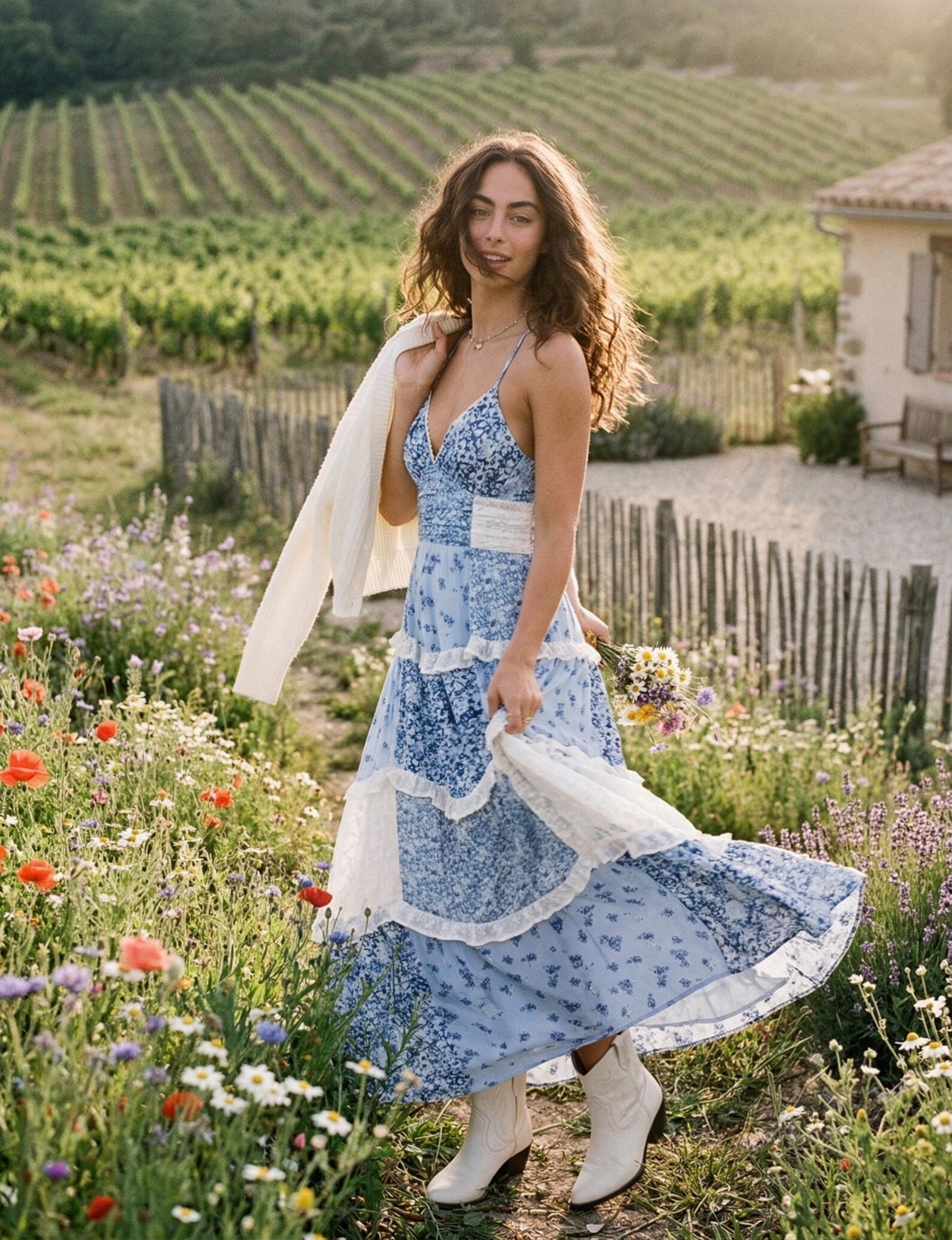 Boho Floral Patchwork Maxi Dress, V-Neck Sleeveless Tiered Ruffle Long Dress, Romantic Pink Summer Sundress, Cottagecore Vacation Gown