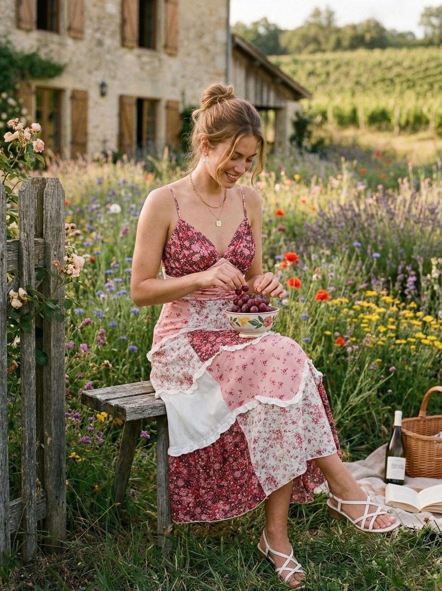Boho Floral Patchwork Maxi Dress, V-Neck Sleeveless Tiered Ruffle Long Dress, Romantic Pink Summer Sundress, Cottagecore Vacation Gown