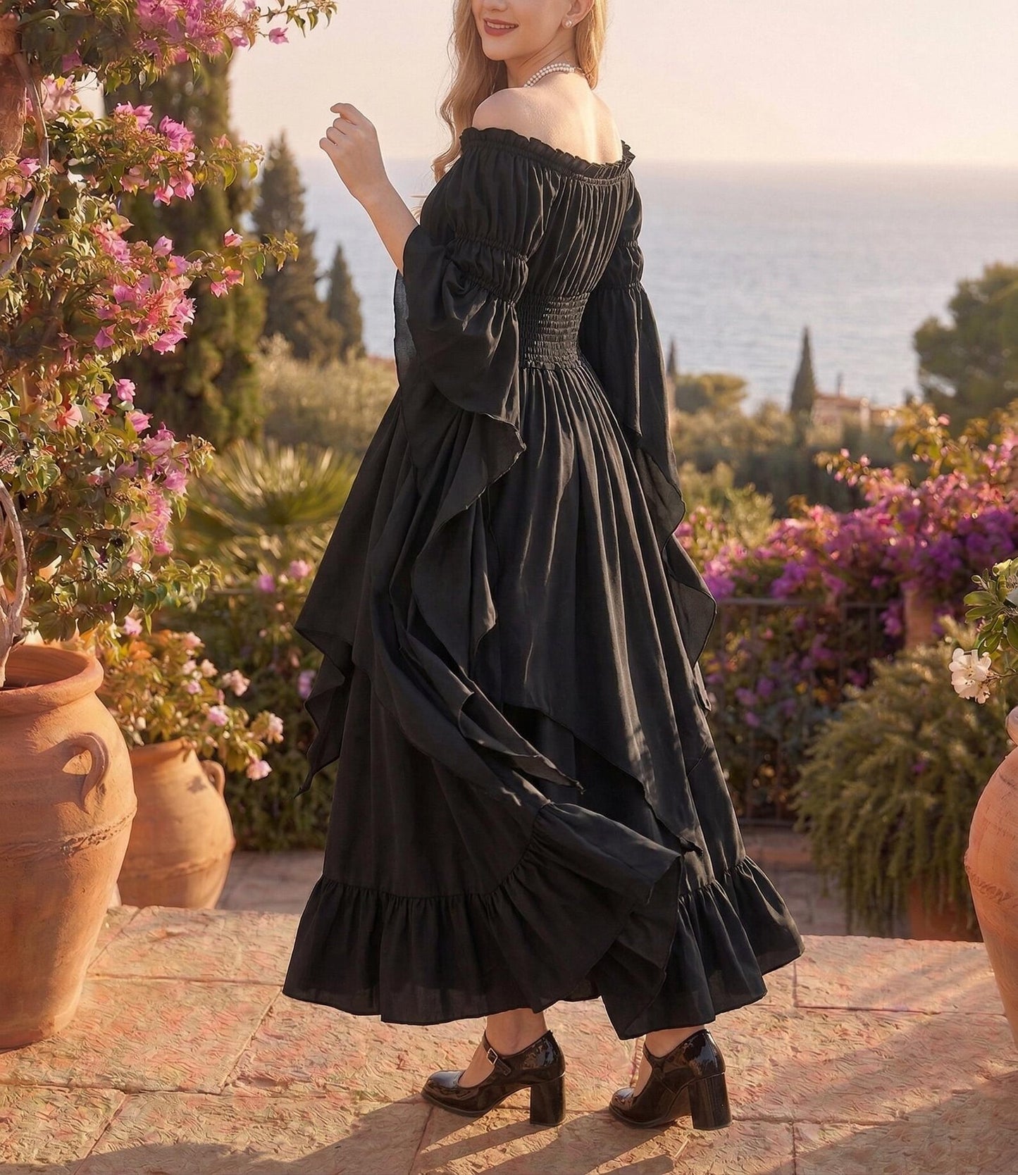 Renaissance Dress Women, Medieval Off Shoulder Maxi Gown, Fairy Smocked Waist Skirt, Pirate Steampunk Costume, Victorian Cottagecore Dress