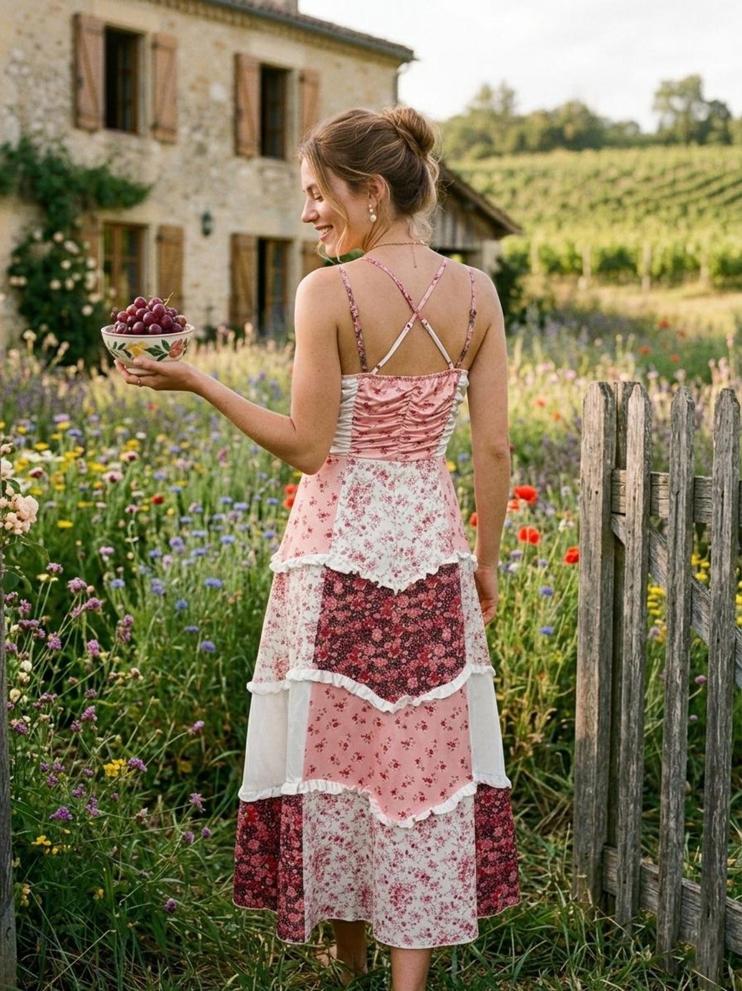 Vintage French Countryside Floral Dress, Patchwork High Waist Maxi, Shabby Chic Ruffle Sun Dress, Romantic Fairy Cottagecore Party Dress