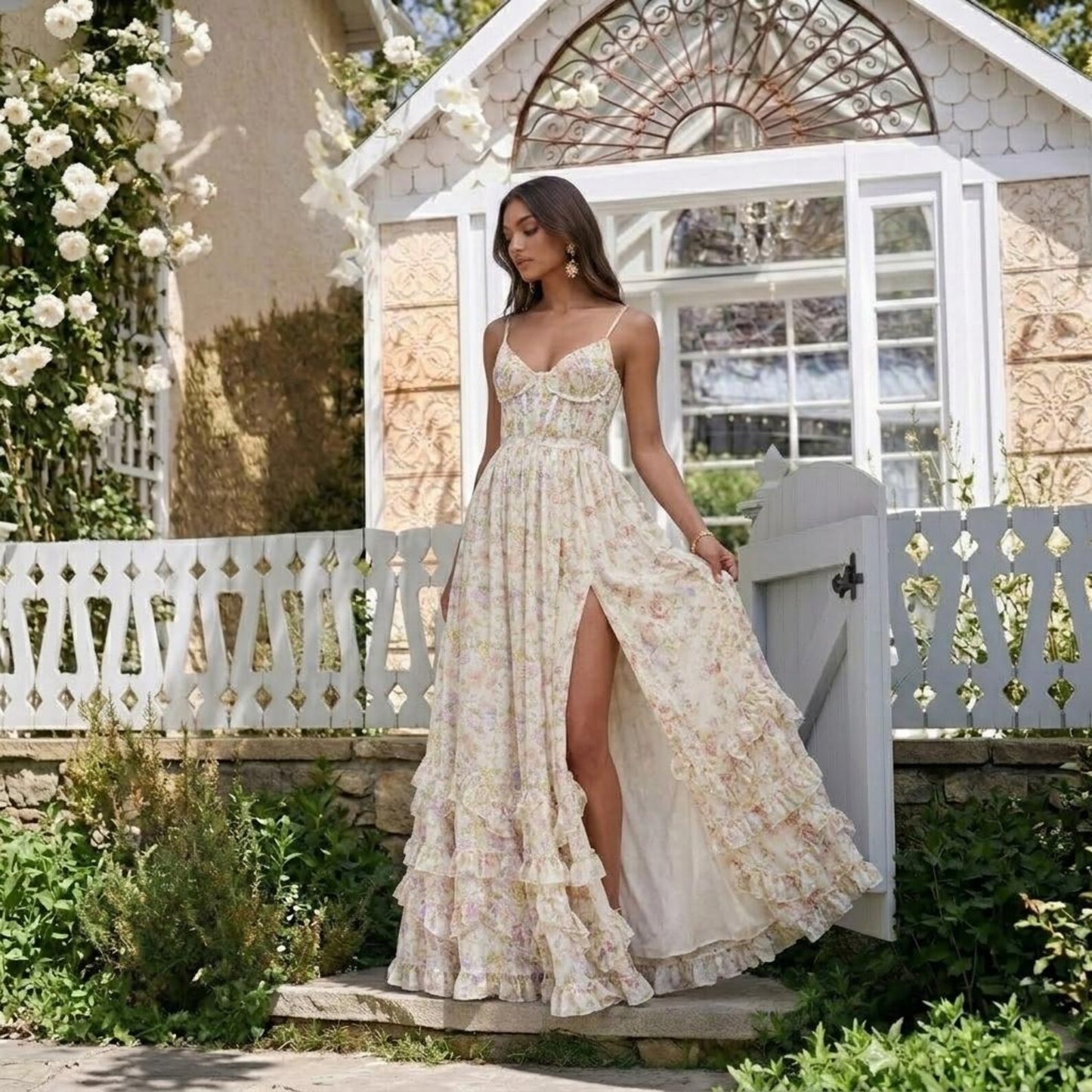 Floral Sleeveless Long Dress, Sexy Backless Chiffon Gown, Bridesmaid Dress, Tropical Vacation Maxi, Evening Garden Party Dress for Women