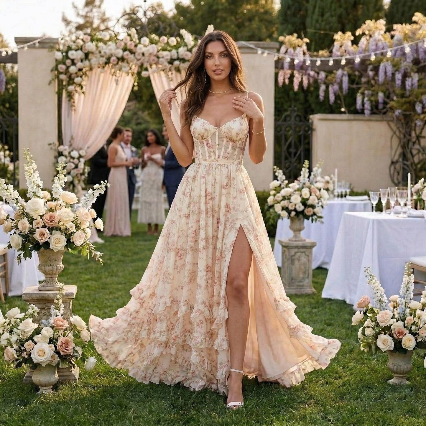 Floral Sleeveless Long Dress, Sexy Backless Chiffon Gown, Bridesmaid Dress, Tropical Vacation Maxi, Evening Garden Party Dress for Women
