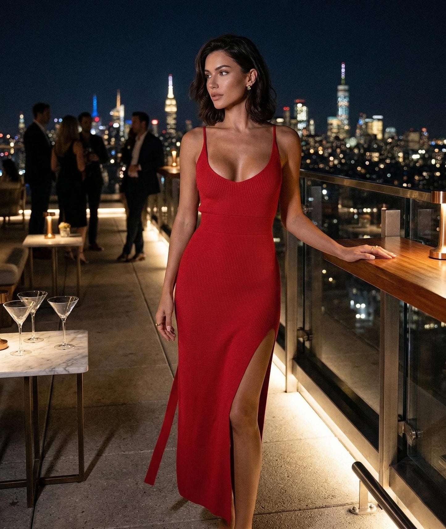 Sultry Backless Party Dress | Sexy High Slit Bodycon Maxi | Ribbed Knit Yacht Party Outfit | Cami Strap V Neck Night Out Dress for Women