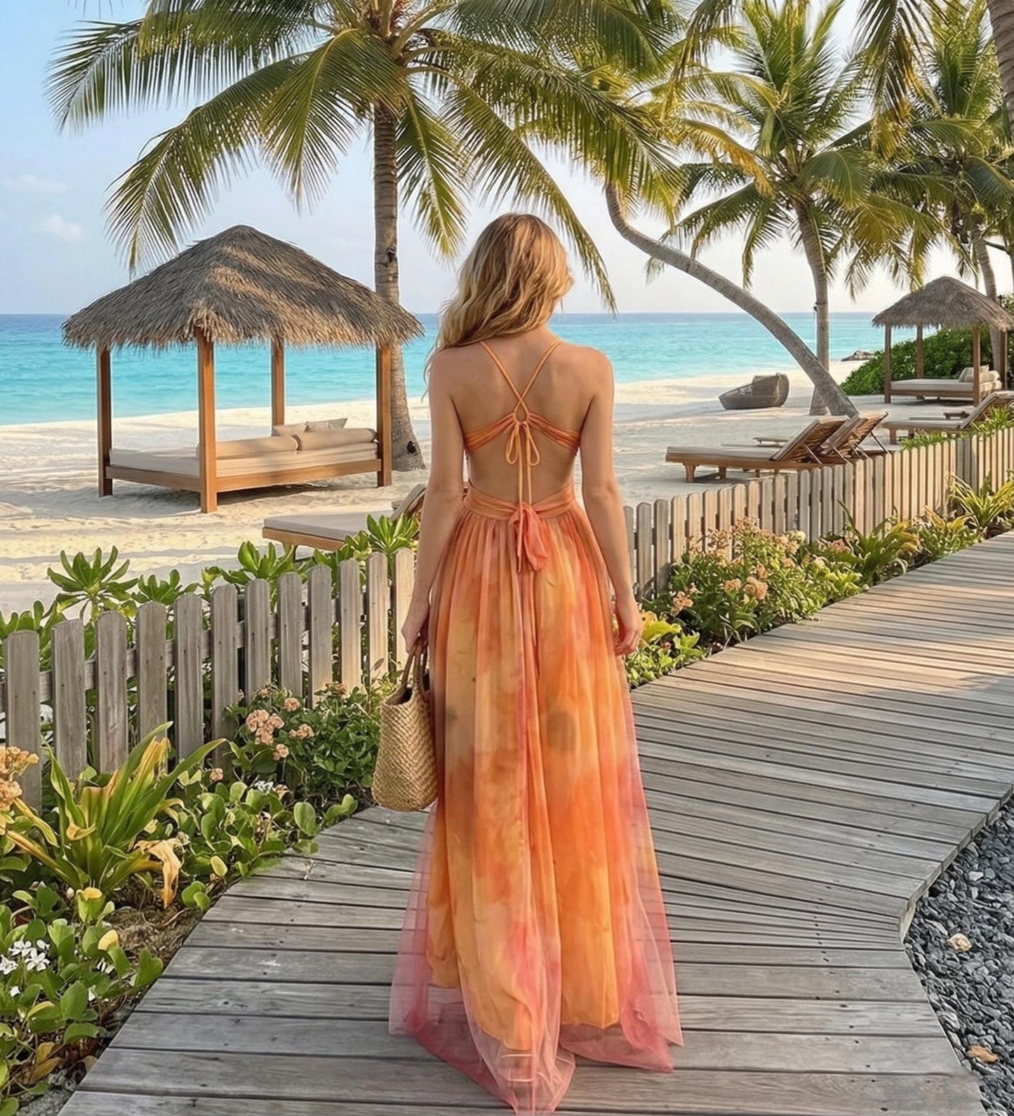 Tropical Orange Floral Chiffon Maxi Dress - High-Side Slit Beach Gown - Summer Resort Sundress