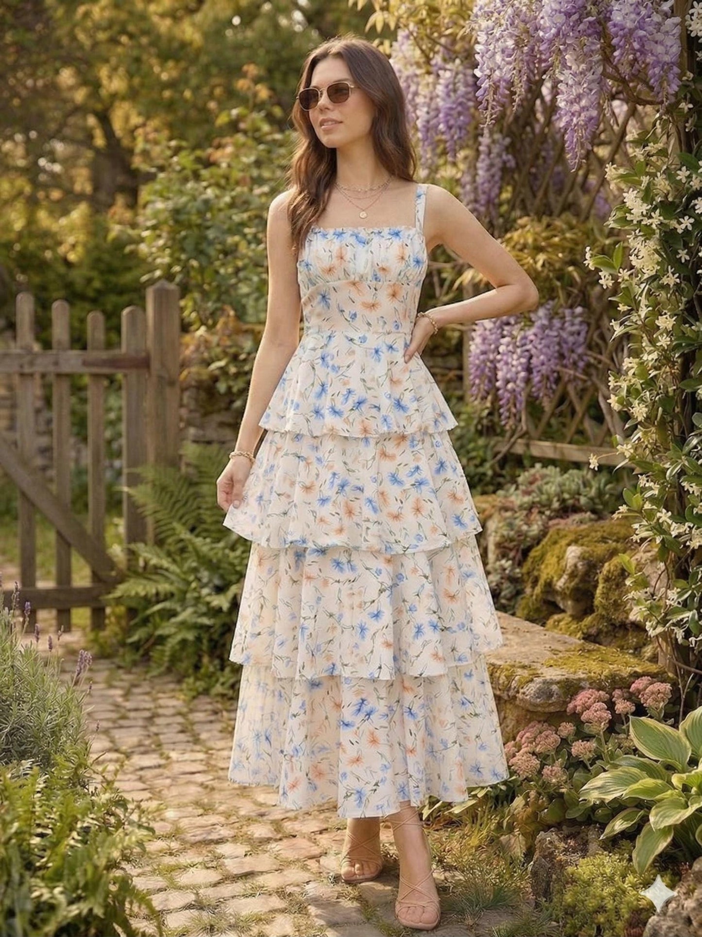 Vintage Floral Lolita Dress, Tiered Sun Dress, Sleeveless Boho Summer Maxi, Romantic Vacation Outfit, Flowy Floral Party Dress, Low Waist