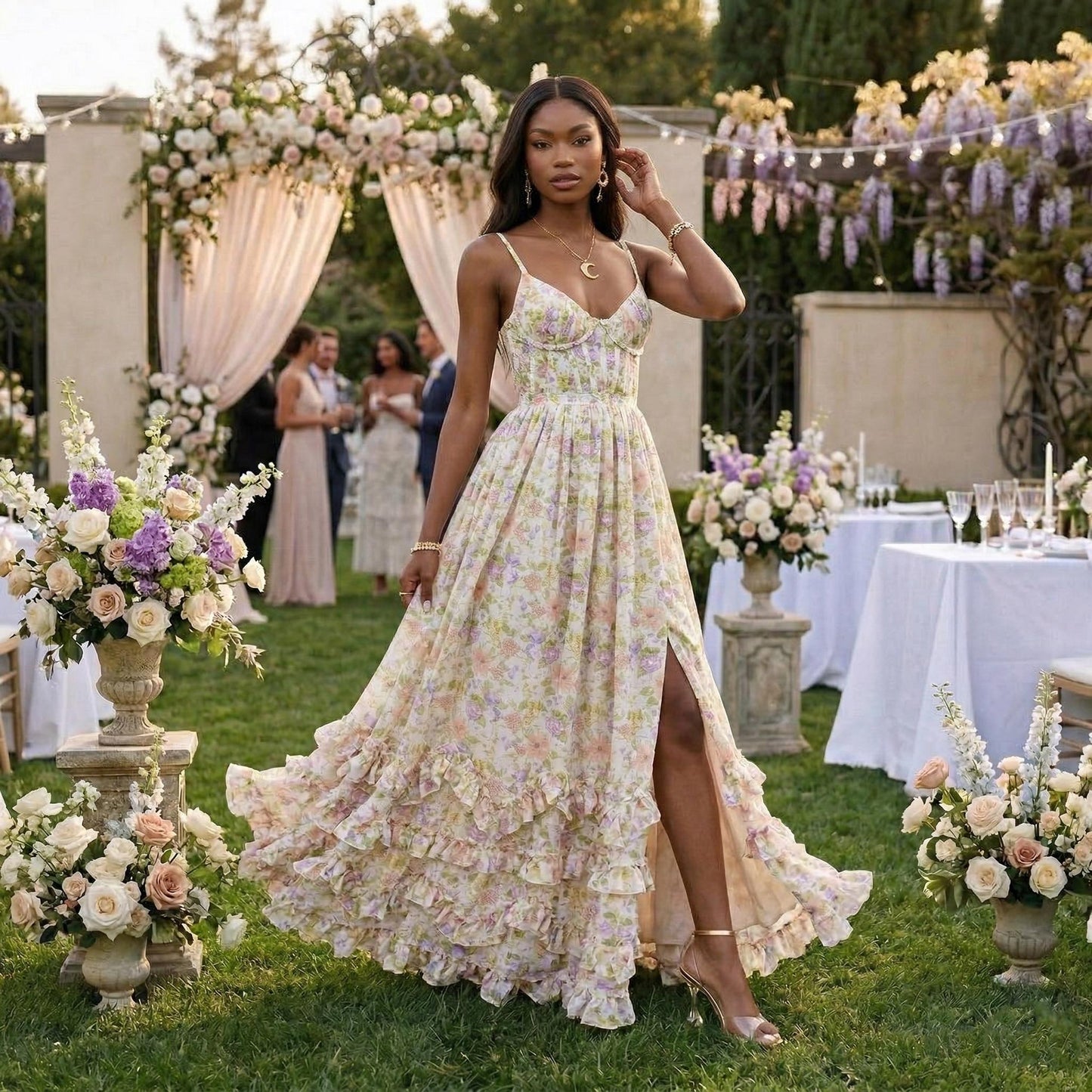 Floral Sleeveless Long Dress, Sexy Backless Chiffon Gown, Bridesmaid Dress, Tropical Vacation Maxi, Evening Garden Party Dress for Women