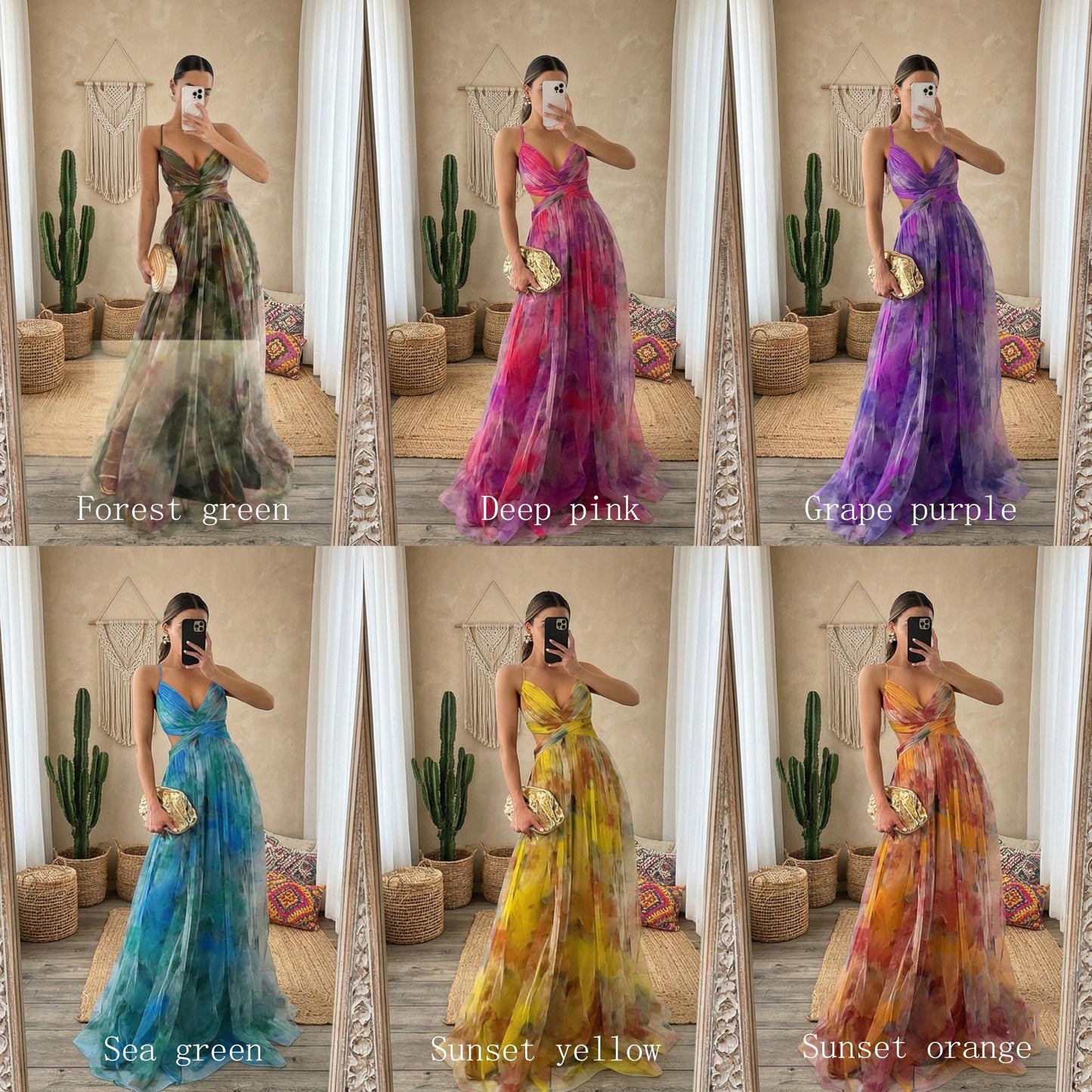 Romantic Floral  Maxi Summer Dress, Spring vacation outfit, High-Side Slit Beach Gown - Summer Resort Sundress