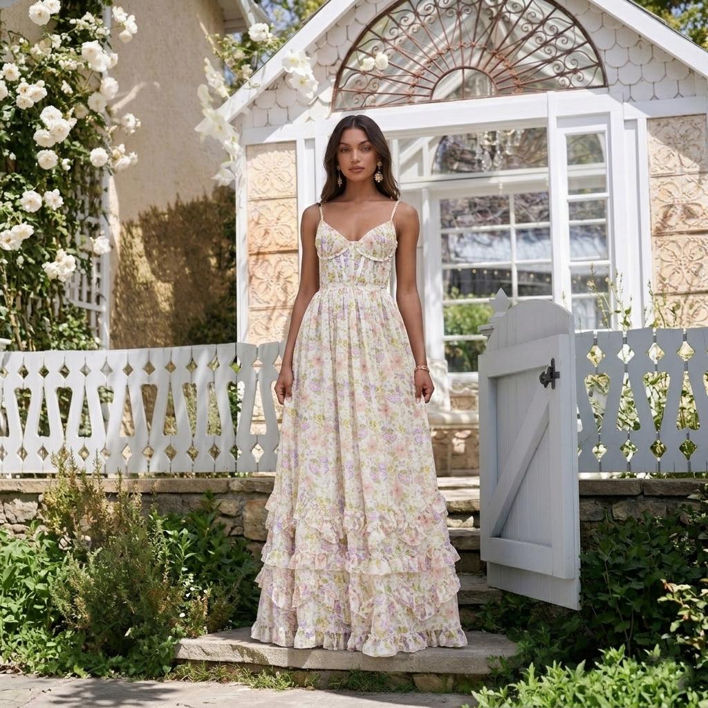 Floral Sleeveless Long Dress, Sexy Backless Chiffon Gown, Bridesmaid Dress, Tropical Vacation Maxi, Evening Garden Party Dress for Women