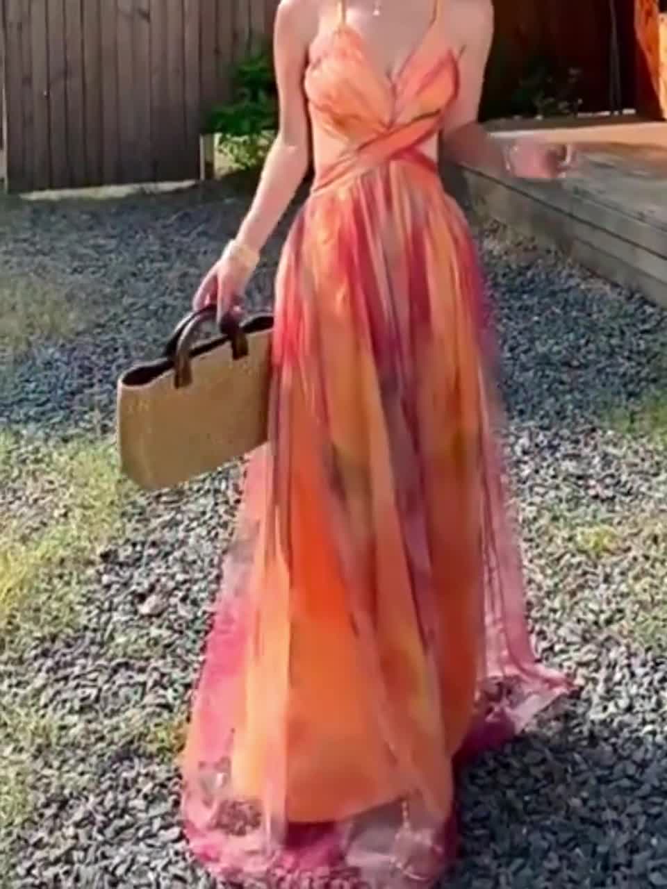 Romantic Floral  Maxi Summer Dress, Spring vacation outfit, High-Side Slit Beach Gown - Summer Resort Sundress